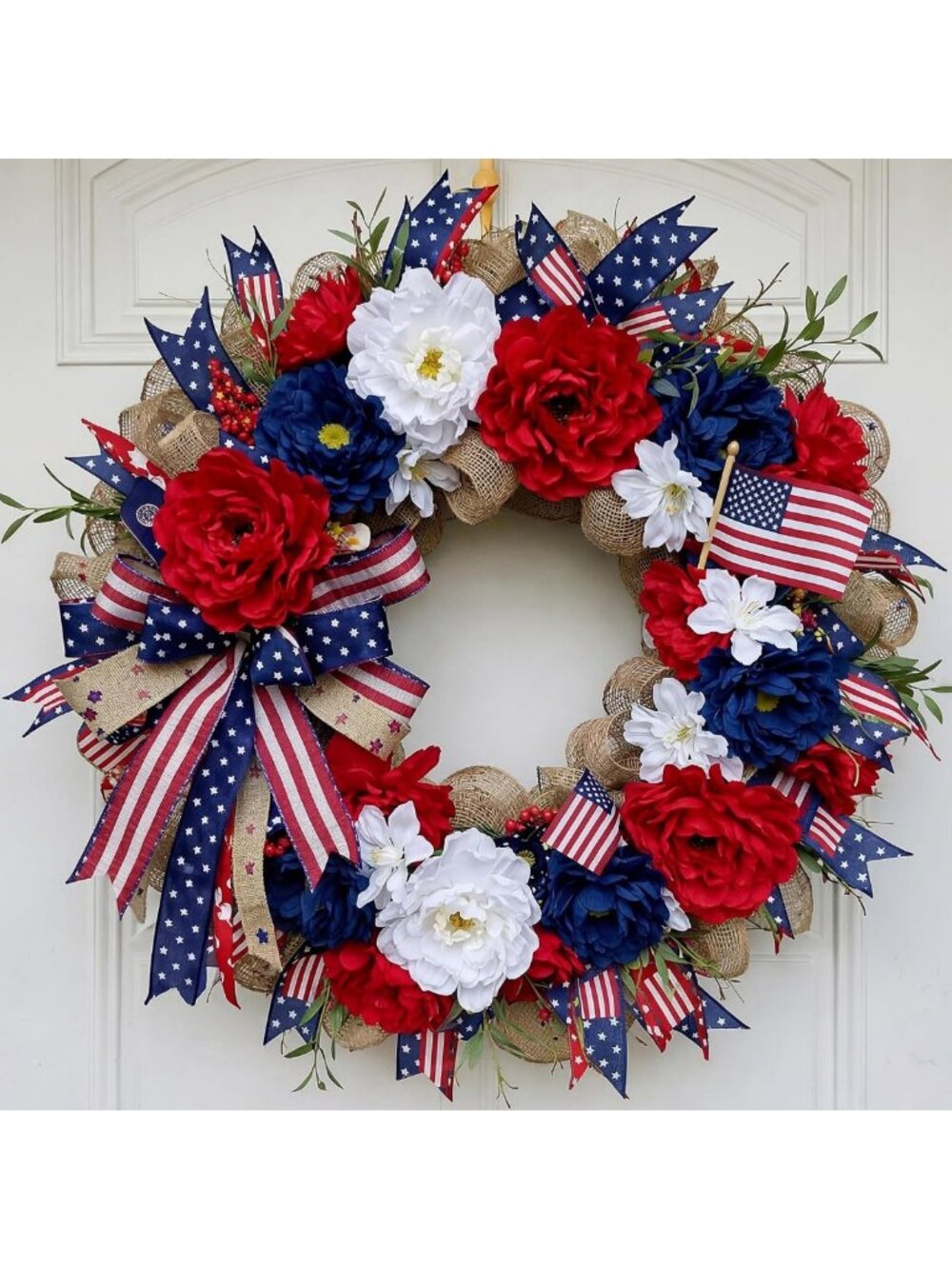 Patriotic Red, White & Blue Wreath - 16" Front Door Decor for 4th of July